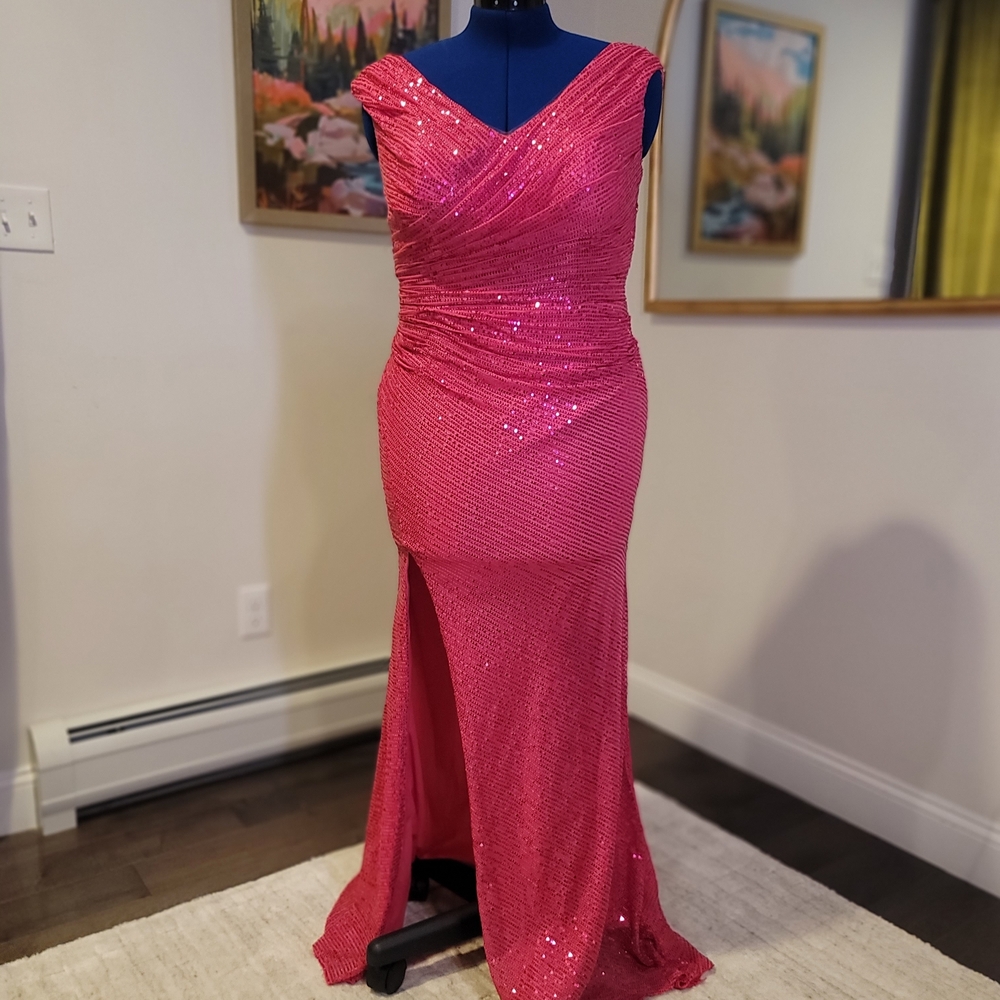 NWT Wenkafo Pink Sequin Rouched Prom Dress Zipper Back Size 14